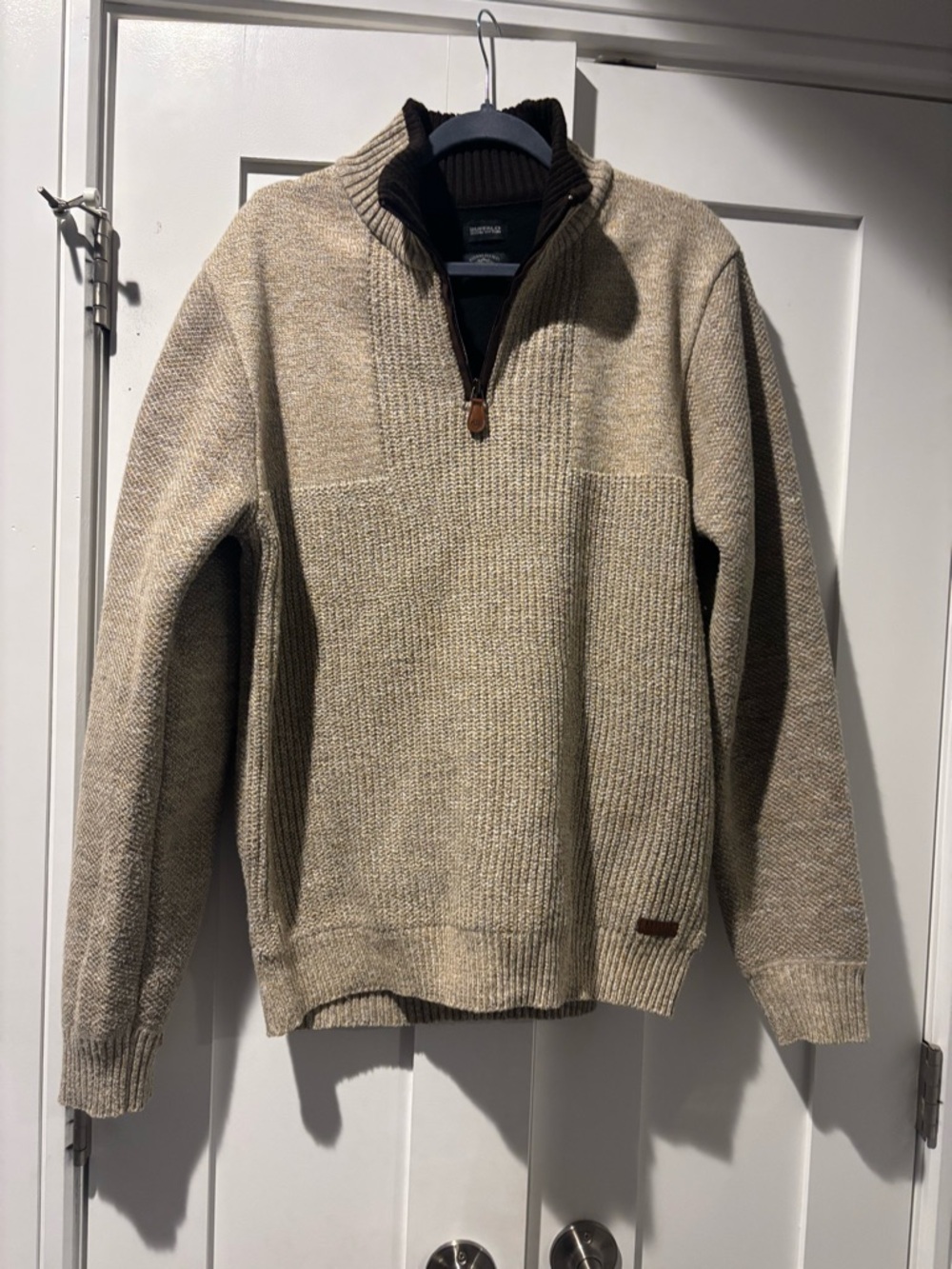 Buffalo David Bitton Men’s Beige Half-Zip Sweater with Dark Brown Collar